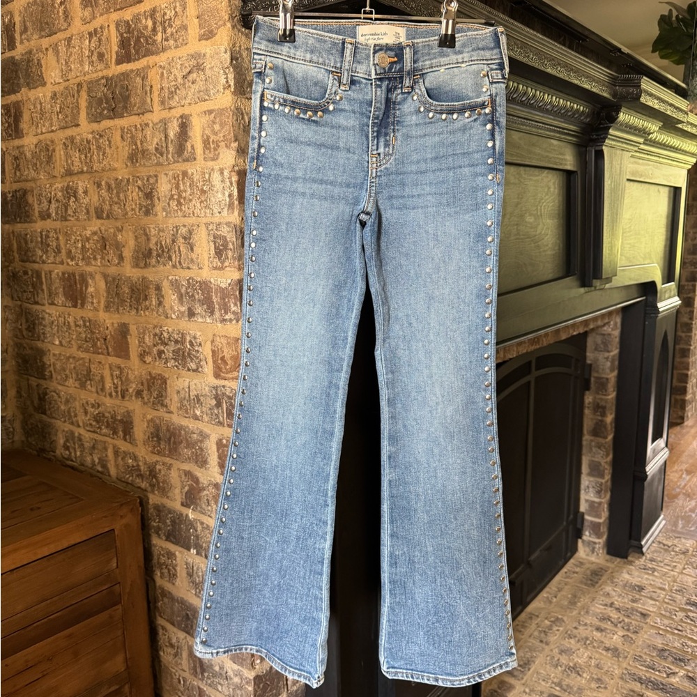Abercrombie kids 7/8 long Denim Flare Jeans with Stud Trim - Light Blue